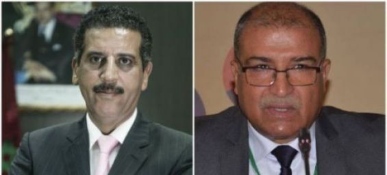 Former BCIJ boss Abdelhak Khiame and the newly appointed one Haboub Cherkaoui. / DR