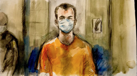 A sketch of Nathaniel Veltman by Pam Davies, during his first hearing. / All Rights Reserved