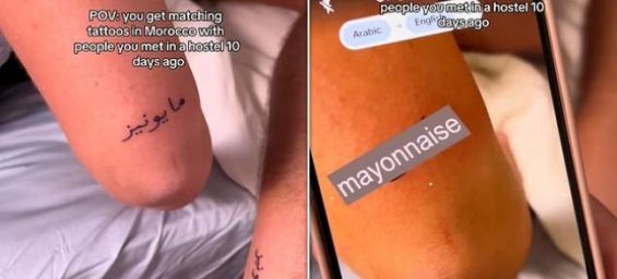A tourist gets a tattoo of the word mayonnaise in Arabic while visiting Morocco. / Ph. DR