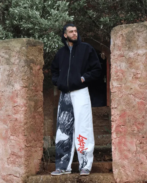 El Mehdi El Marrach wearing one of his hand-drawn jeans. / Ph. Spouuu