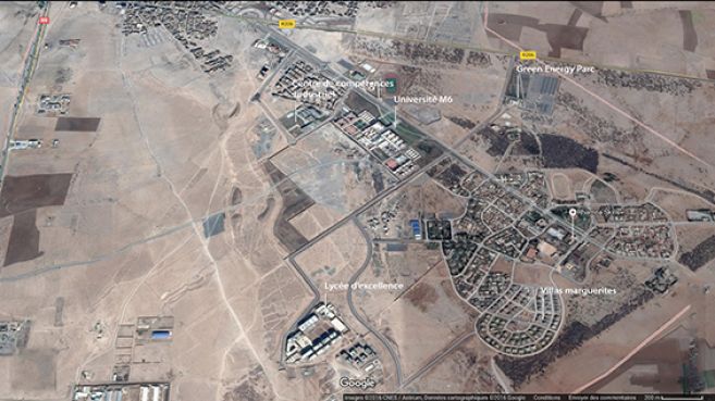 La Ville Verte vue du ciel. A terme, elle devrait couvrir tout l'espace situé entre Hay Moulay Rachid à droite et la route N9 à gauche. (c)GoogleMaps