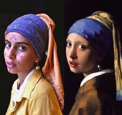 Zineb Bouchra recreating the painting of Dutch Baroque Period painter Johannes Vermeer. / Ph. Zineb Bouchra