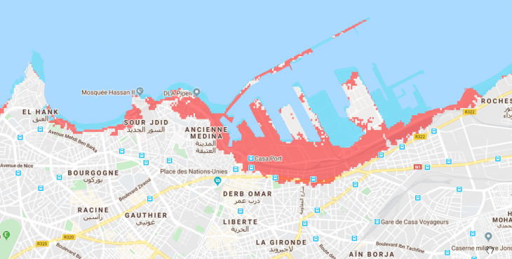 Casablanca sera également touchée selon la carte de Climate Central. / Ph. Climate Central 