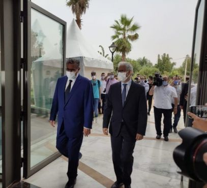 Aziz Akhannouch, président du RNI et nouveau chef du gouvernement, avec Nizar Baraka, ce lundi à Rabat. / DR      