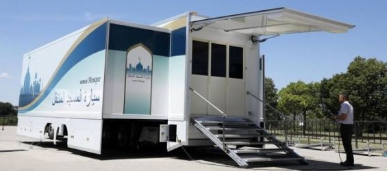The first mobile mosque was unveiled this week near the Toyota Stadium./Associated Press.