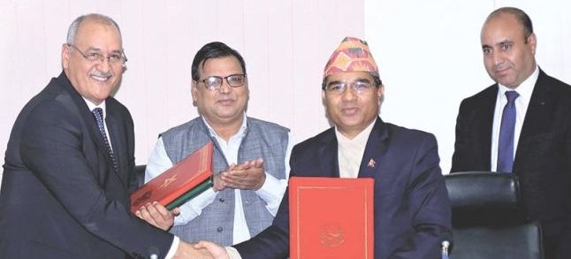 Moroccan Ambassador to Nepal Mohamed Maliki (left) shaking hands with Foreign Secretary Shankar Das Bairagi, in Kathmandu, on Thursday, August 3, 2017. Photo: THT