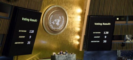 Panels in the General Assembly Hall showing the final count for the resolution on ‘the status of Jerusalem, during the resumed 10th Emergency Special Session on Illegal Israeli actions in Occupied East Jerusalem and the rest of the Occupied Palestinian Te