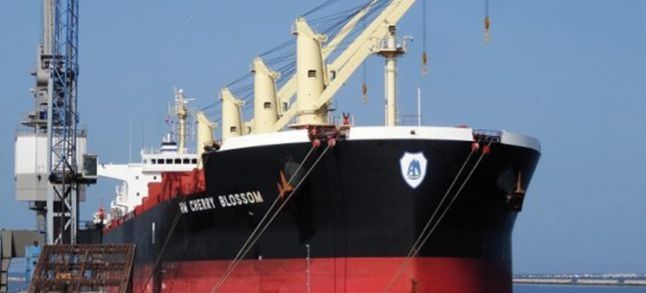 Cherry Blossom, a Greek vessel carrying a 50,000-ton phosphate cargo is leaving Port Elizabeth in South Africa./Ph. DR