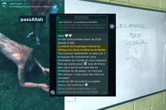 Montage from a video excerpt of a Ski Club integration weekend, screenshot of a WhatsApp conversation, and photo taken in the premises of emlyon. © Photomontage Mediapart